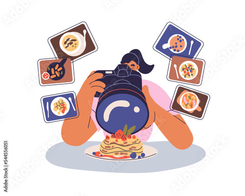Food photographer taking photo, shot, photograph of served dish. Professional culinary photography. Woman blogger shooting meal with camera. Flat vector illustration isolated on white background