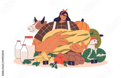 Farmer selling organic food, farm eco vegetables, dairy products at local market. Vendor with fresh healthy harvest, season crops, milk. Flat graphic vector illustration isolated on white background