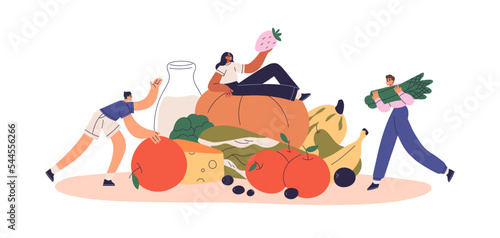 People and healthy farm food. Tiny characters with eco local organic harvest, dairy products, vitamin vegetables, crops, fruits, milk and cheese. Flat vector illustration isolated on white background