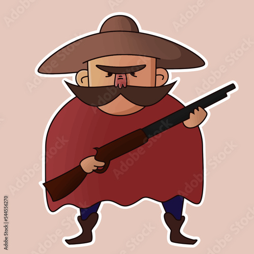 Cowboy in sombrero, poncho and with a gun. Vector character