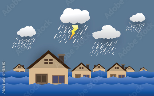 Tela Flood natural disaster with house, heavy rain and storm , damage with home, clouds and rain, flooding water in city, Horizontal banner