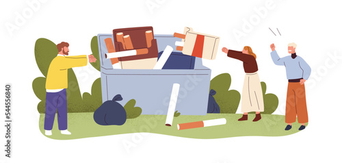 People quit, stop smoking. Anti-tobacco, nicotine ban campaign concept. Society reject, refuse, avoid cigarettes, throwing away to trash. Flat graphic vector illustration isolated on white background