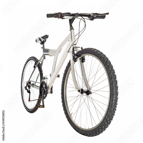white mountain bike front view in perspective isolated white background