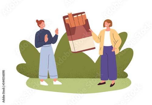 Gesturing stop with hand, saying no to cigarette offer. Tobacco-addicted smoker and person quitting smoking, refusing, rejecting, avoiding cigars. Flat vector illustration isolated on white background