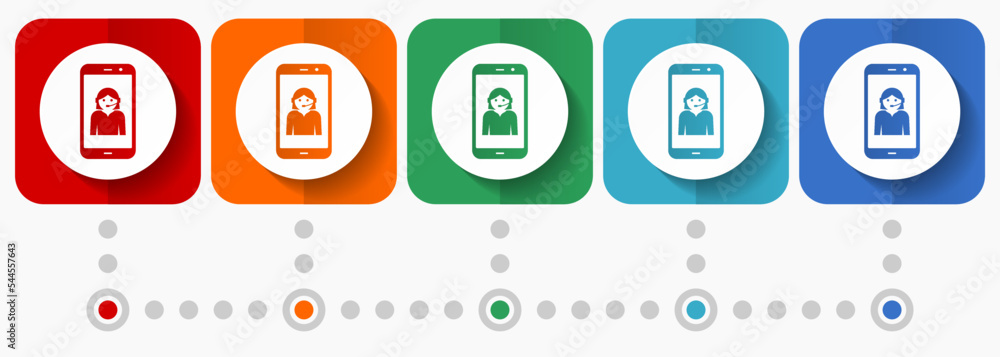 Online customer service in smartphone, vector icons, infographic template, set of flat design symbols in 5 color options Online customer service in smartphone, vector icons, infographic template, set of flat design symbols in 5 color options
