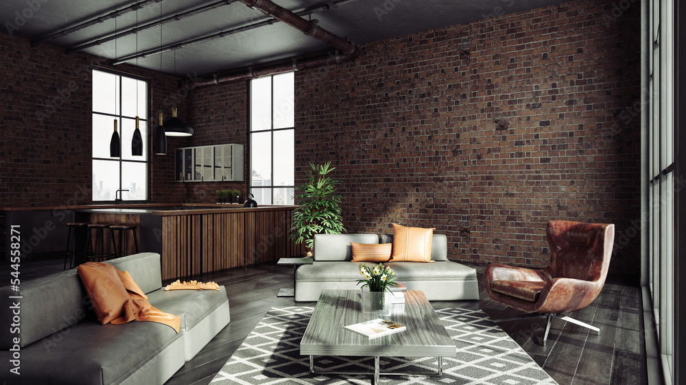 Fototapeta premium Living room loft in industrial style ,3d render