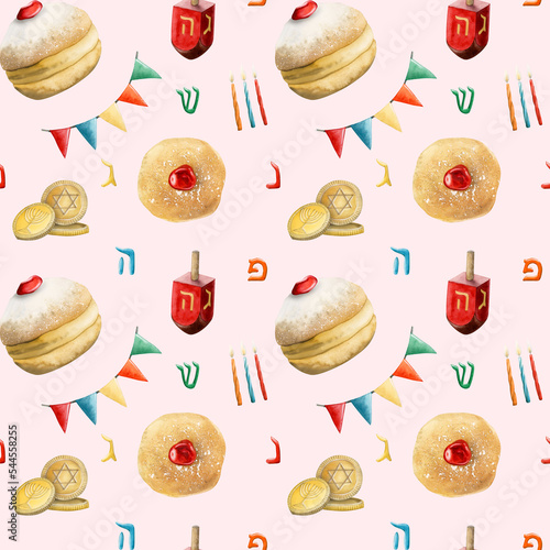 Hanukkah seamless pattern with traditional donuts, dreidel., candles, coins, festive flags, hebrew letters for Jewish holiday designs, wrapping paper photo