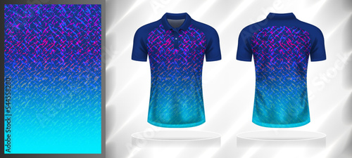 Vector sport pattern design template for Polo T-shirt front and back with short sleeve view mockup. Dark and light shades of blue with pink color gradient abstract grunge line texture background.