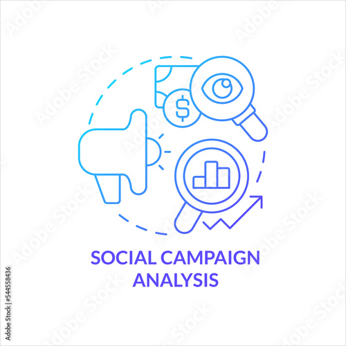 Social campaign analysis blue gradient concept icon. Measure effectiveness. Assess result. Marketing research abstract idea thin line illustration. Isolated outline drawing. Myriad Pro-Bold font used