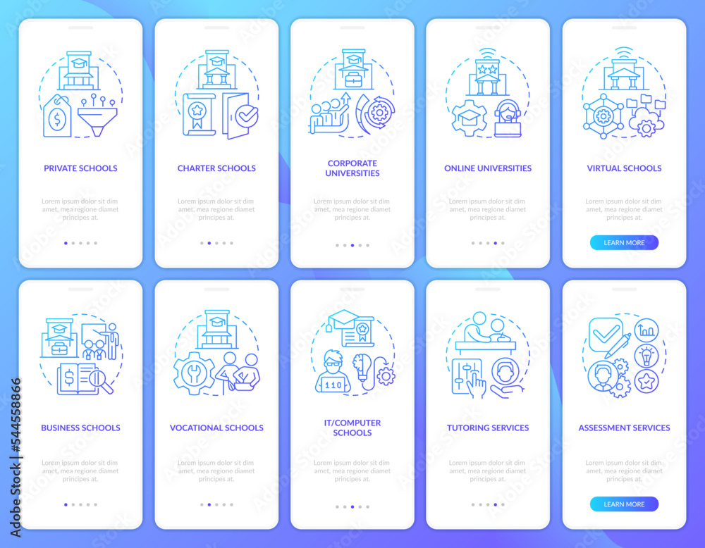 Education service providers blue gradient onboarding mobile app screen set. Walkthrough 5 steps graphic instructions with linear concepts. UI, UX, GUI template. Myriad Pro-Bold, Regular fonts used