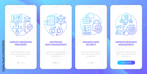 Industry specific ERP benefits blue gradient onboarding mobile app screen. Walkthrough 4 steps graphic instructions with linear concepts. UI, UX, GUI template. Myriad Pro-Bold, Regular fonts used
