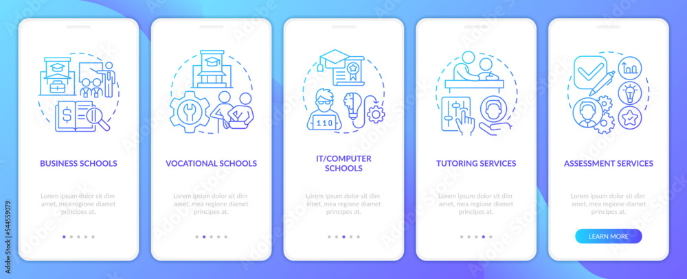 Supplemental education service blue gradient onboarding mobile app screen. Walkthrough 5 steps graphic instructions with linear concepts. UI, UX, GUI template. Myriad Pro-Bold, Regular fonts used Supplemental education service blue gradient onboarding mobile app screen. Walkthrough 5 steps graphic instructions with linear concepts. UI, UX, GUI template. Myriad Pro-Bold, Regular fonts used