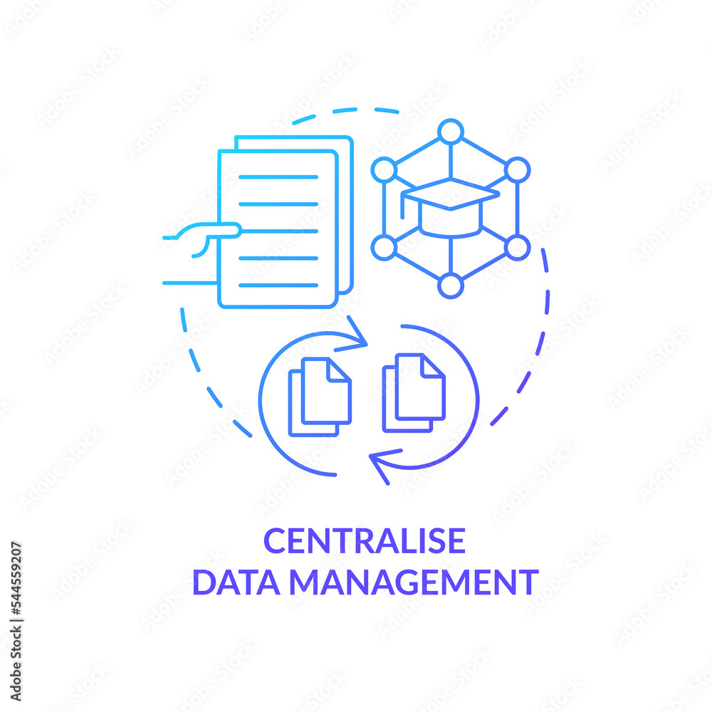 Centralise data management blue gradient concept icon. Information processing. Industry specific ERP benefit abstract idea thin line illustration. Isolated outline drawing. Myriad Pro-Bold font used Centralise data management blue gradient concept icon. Information processing. Industry specific ERP benefit abstract idea thin line illustration. Isolated outline drawing. Myriad Pro-Bold font used