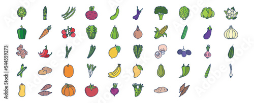 Collection of icons related to Vegetables, including icons like Artichoke, Asparagus, Beans, Beetroot and more. vector illustrations, Pixel Perfect set