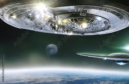closeup of alien spaceships round shaped ufo flying in orbit over some planet with clouds