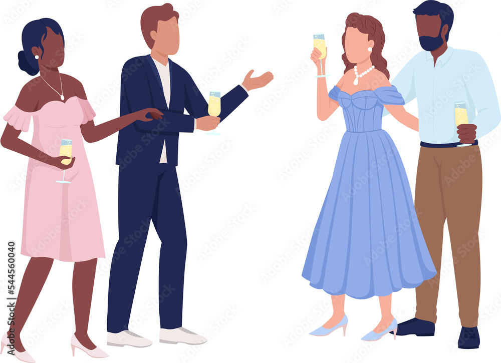 Guests raising toast semi flat color raster characters. Standing figures. Full body people on white. Festive celebration simple cartoon style illustration for web graphic design and animation Guests raising toast semi flat color raster characters. Standing figures. Full body people on white. Festive celebration simple cartoon style illustration for web graphic design and animation