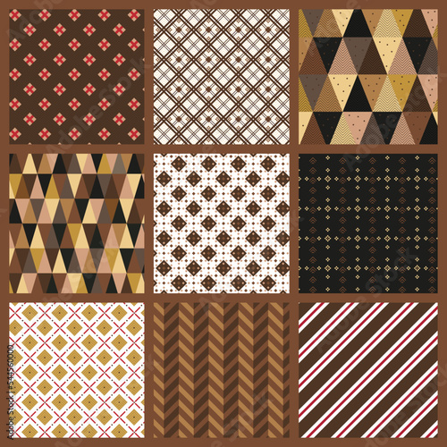 Christmas set of seamless patterns in chocolate brown colors. Repeated backgrounds for wallpaper, web page background, wrapping paper, textile, fabric. Eps 10