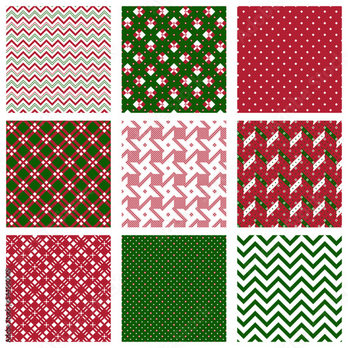 Christmas seamless patterns in red, green and white colors. Set of holiday textures for wallpaper, web page background, wrapping paper. Eps 10