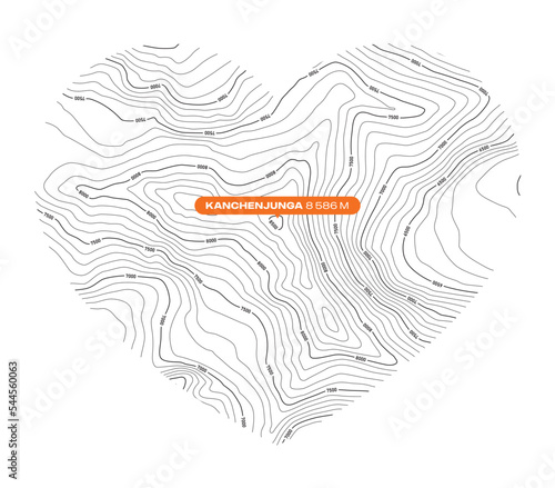 Vector background with a black textured topographical outline of Mount Kanchenjunga forming a heart symbol