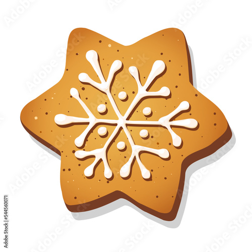 Christmas gingerbread cookie in shape of star with snowflake isolated on white background. Sweet holiday vector illustration for your design. Eps 10