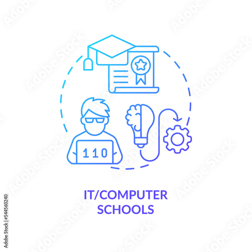 IT and computer schools blue gradient concept icon. Supplementary education service provider abstract idea thin line illustration. Isolated outline drawing. Myriad Pro-Bold font used