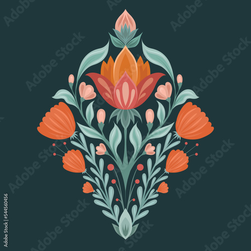 Vector folk art illustration with floral rhombus composition on a dark green background. Botanical clipart with decorative flowers.