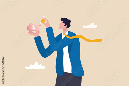 Saving money, investment or financial profit, earning growth, save money for future or wealth and deposit concept, businessman investor putting dollar money coin into piggy bank.