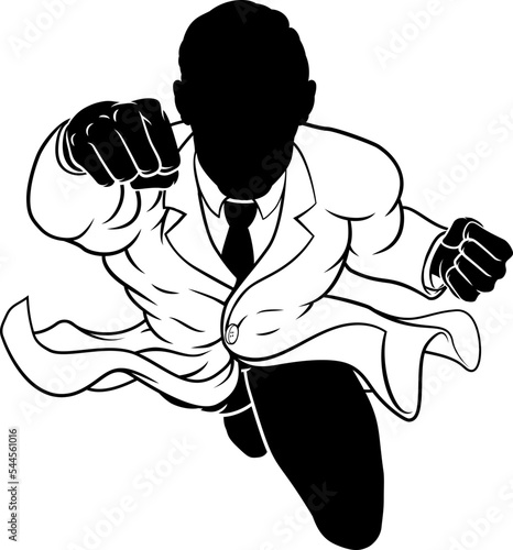A super hero silhouette scientist or doctor in a lab coat flying through the sky in a classic superhero pose