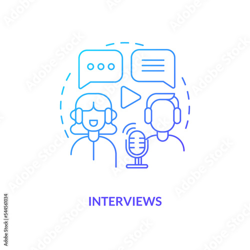 Interviews blue gradient concept icon. Digital audio content. Online broadcasting. Common podcast genre abstract idea thin line illustration. Isolated outline drawing. Myriad Pro-Bold font used
