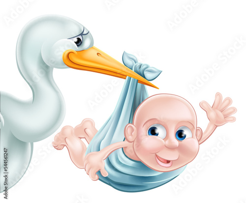 A cartoon stork bird holding or delivering a baby