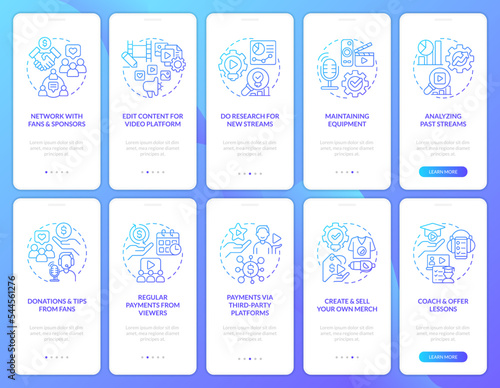 Live streaming production blue gradient onboarding mobile app screen set. Walkthrough 5 steps graphic instructions with linear concepts. UI, UX, GUI template. Myriad Pro-Bold, Regular fonts used