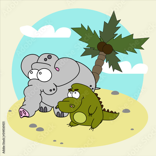 African elephant and crocodile sitting on the island