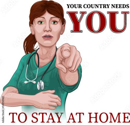 Canvas Print A woman nurse or doctor in surgical or hospital scrubs pointing in a your country needs or wants you gesture