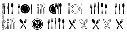 Set of fork, knife, spoon. Cutlery and crockery sign. Tableware icon. Logotype menu. Silhouette of cutlery. Thin line icon. Set in flat style. Eating utensils set symbol. Vector illustration