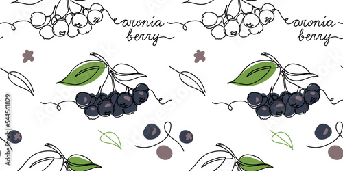 Aronia berry, chokeberry, black rowan vector seamless pattern or texture. One continuous line art drawing of aronia pattern photo