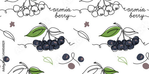 Aronia berry, chokeberry, black rowan vector seamless pattern or texture. One continuous line art drawing of aronia pattern