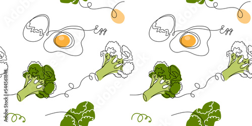 Broccoli and fried eggs vector keto diet breakfast pattern or texture. One continuous line art drawing pattern with broccoli and fried eggs