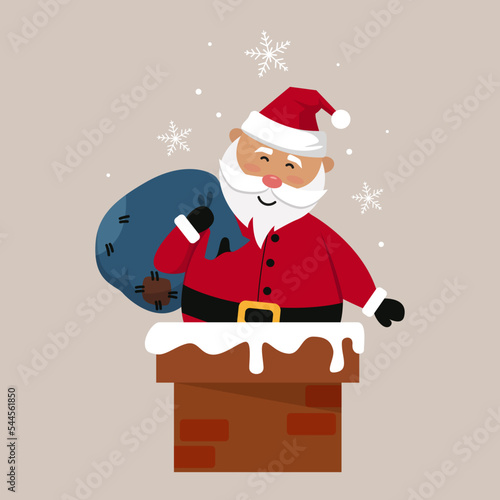 christmas character santa claus descending down the chimney with a bag of gifts