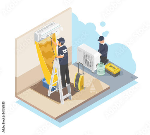 air conditioner cleaning and maintenance home services worker fixing at customer house isometric isolated symbols