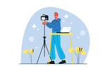 Photo studio blue concept with people scene in the flat cartoon design. Photographer adjusts the camera before the photo shoot. Vector illustration.