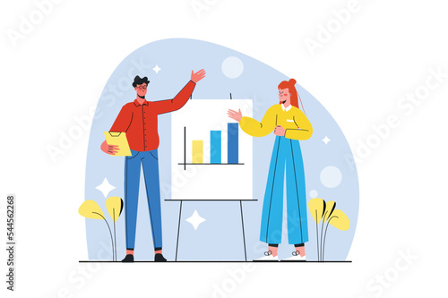 Sales performance blue concept with people scene in the flat cartoon design. Two marketers sum up sales for the last period. Vector illustration.