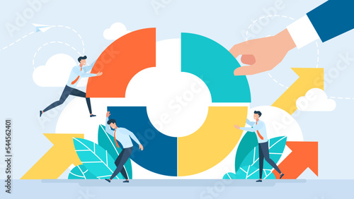 Tiny characters build a business circle of four parts. Hand puts part structure. Orderly system, structure. Conceptual planning, teamwork, business support, building. Vector illustration. Flat design
