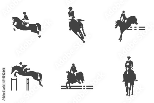Vector material  silhouettes on the theme of equestrian sports  people  horses  harness