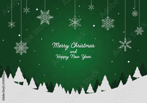 merry christmas and happy new year banner with snow, forest and snowflakes