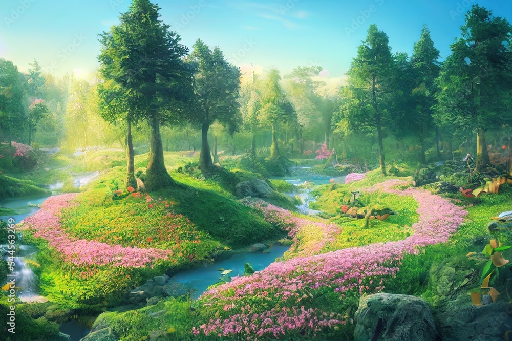 Fototapeta premium Amazing foggy autumn landscape. Idyllic, peaceful, misty wild nature scenery. Beautiful season fall background. 3D illustration.