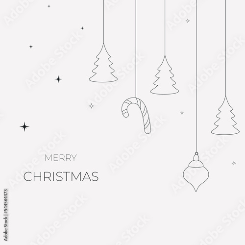 black and white minimalistic christmas card with hanging christmas tree and decorations