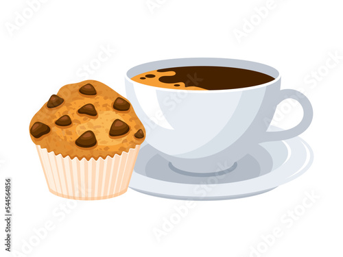 Chocolate muffin and cup of coffee icon vector. Chocolate chip muffin  and black coffee drink icon vector isolated on a white background. Sweet breakfast still life