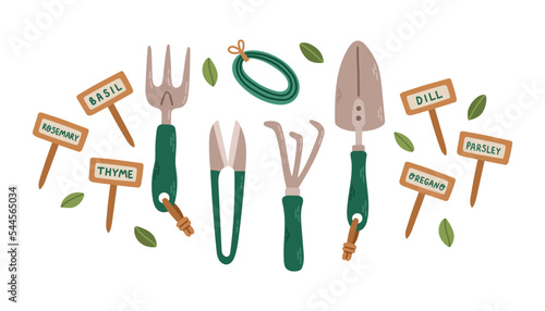 Set of gardening tools isolated on white. Bundle of equipment for home plants. Flat cartoon vector illustration.