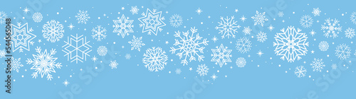 Winter snowflakes border minimal vector background. Macro snowflakes flying seamless border design, holiday card with many flakes confetti