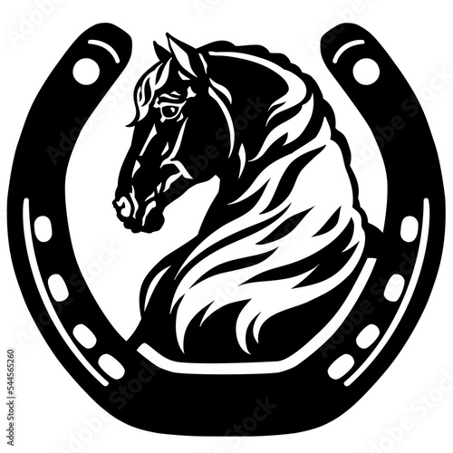 horse head profile in the horseshoe. Silhouette. Side view. Logo. icon, emblem. Black and white vector illustration